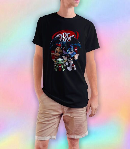 Baby Yoda Groot And Toothless Stitch Gizmo Hugging Dr Pepper T Shirt