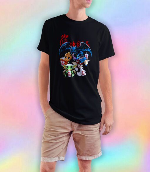 Chick Fil A Baby Yoda Baby Groot and Toothless Stitch Gizmo T Shirt
