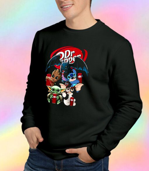 Baby Yoda Groot And Toothless Stitch Gizmo Hugging Dr Pepper Sweatshirt