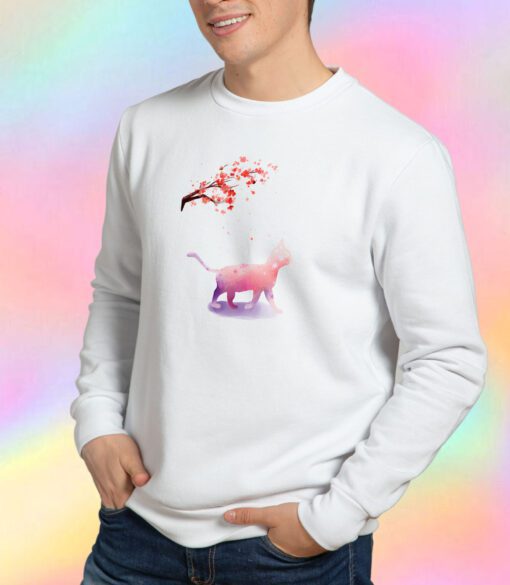 Pink Watercolor Cat Sakura Tree Sweatshirt